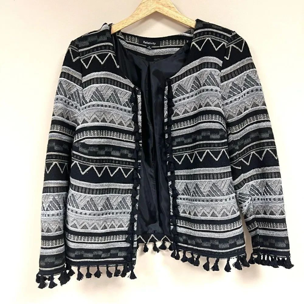 - Relativity black and grey Aztec jacket with tassels Sz M